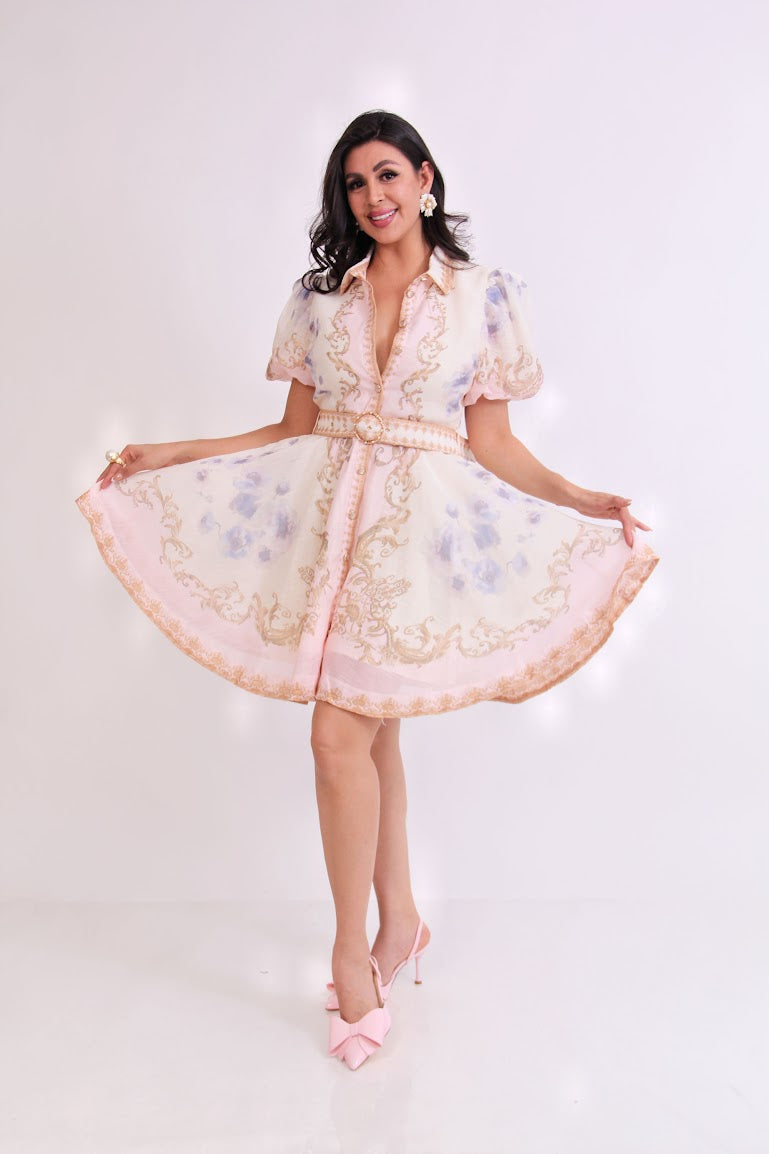 VESTIDO CORTO FLOREADO MANGA AMPONA CINTURON
