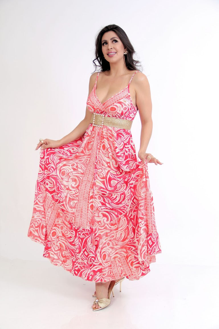 VESTIDO LARGO DE TIRANTES ESCOTADO RESORTE CINTURA