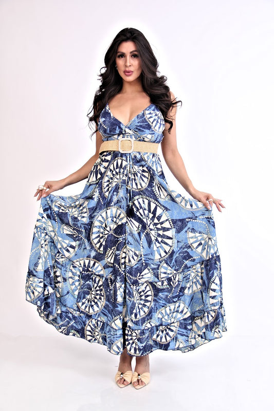 VESTIDO LARGO DE TIRANTES ESCOTADO RESORTE CINTURA