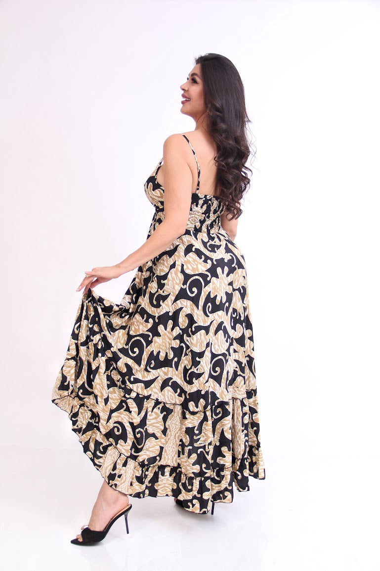 VESTIDO LARGO DE TIRANTES ESCOTADO RESORTE CINTURA