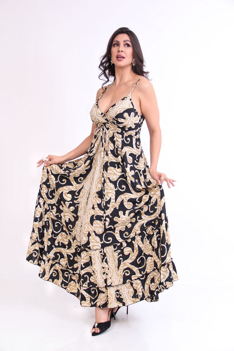 VESTIDO LARGO DE TIRANTES ESCOTADO RESORTE CINTURA