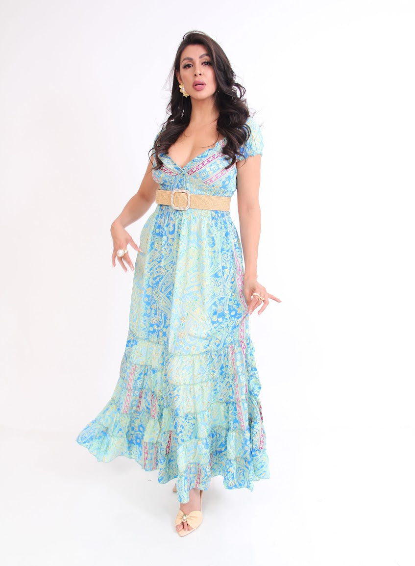 VESTIDO LARGO RESORTE COMPLETO CINTURA MANGA PEQUEÑA