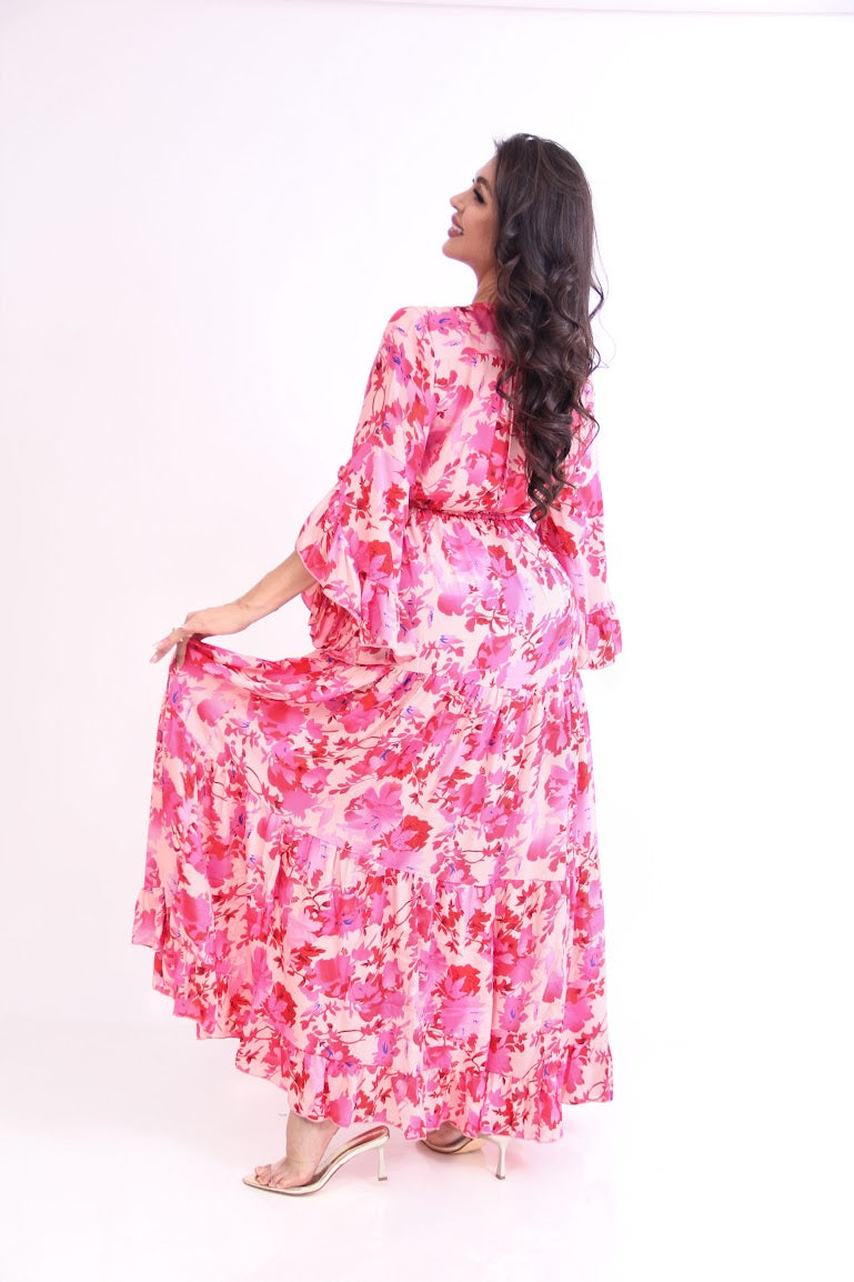 VESTIDO LARGO MANGA LARGA OLANES  BOTONES PECHO