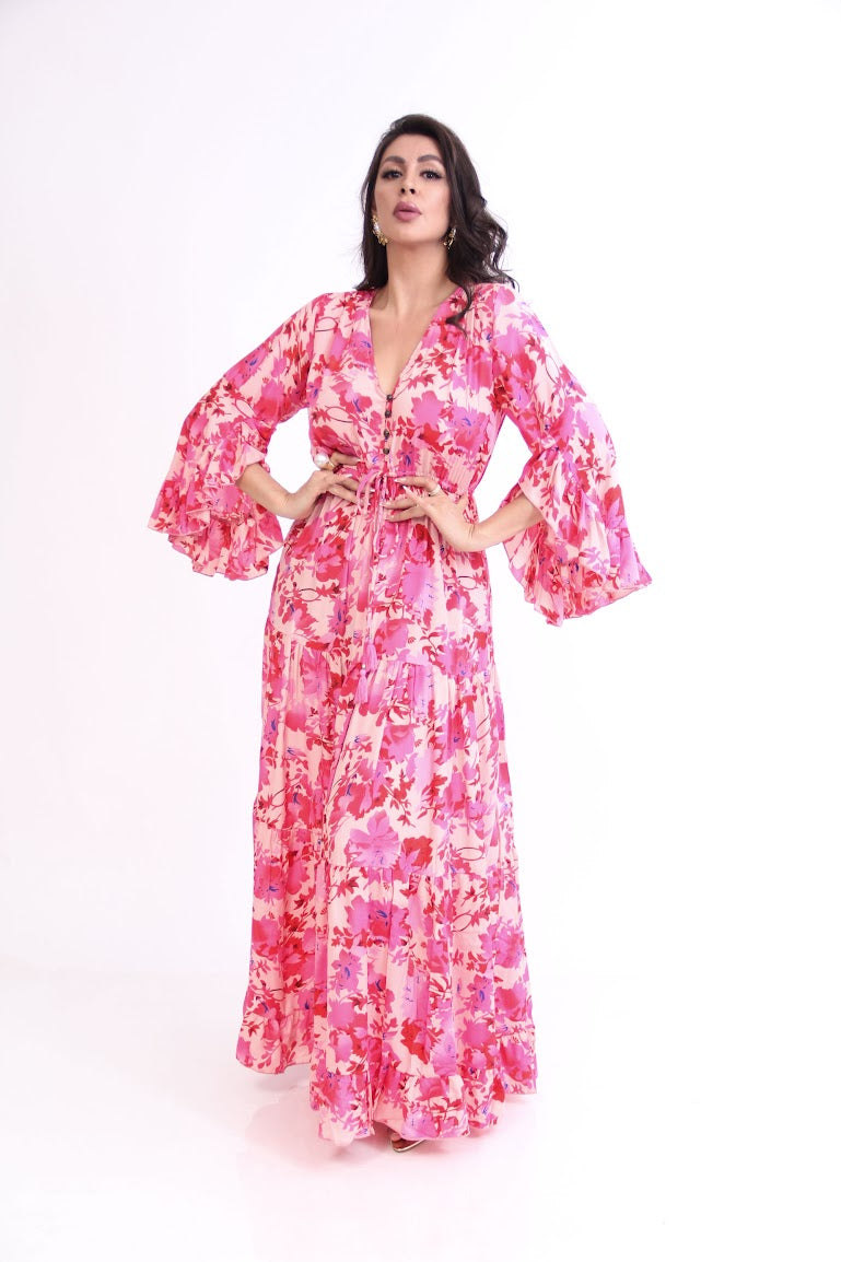 VESTIDO LARGO MANGA LARGA OLANES  BOTONES PECHO