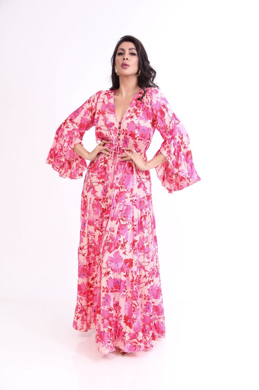 VESTIDO LARGO MANGA LARGA OLANES  BOTONES PECHO