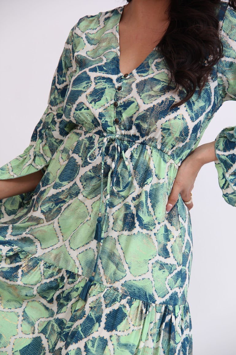 VESTIDO LARGO MANGA LARGA OLANES  BOTONES PECHO