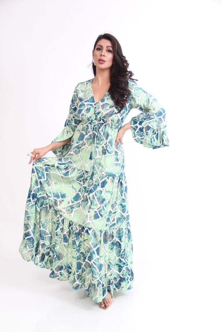 VESTIDO LARGO MANGA LARGA OLANES  BOTONES PECHO