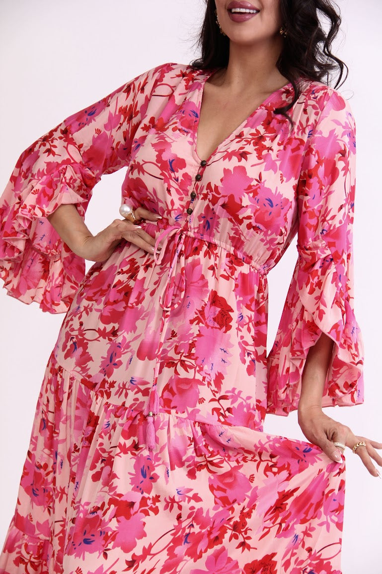 VESTIDO LARGO MANGA LARGA OLANES  BOTONES PECHO
