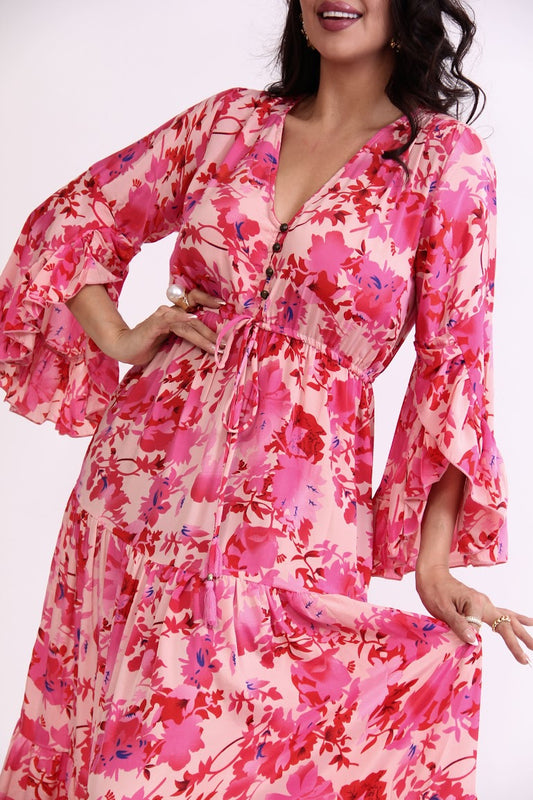 VESTIDO LARGO MANGA LARGA OLANES  BOTONES PECHO