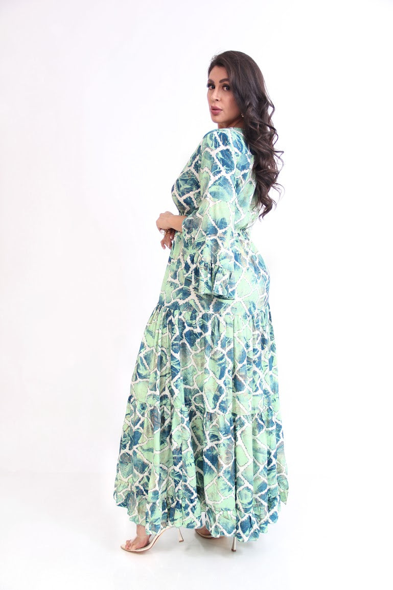 VESTIDO LARGO MANGA LARGA OLANES  BOTONES PECHO