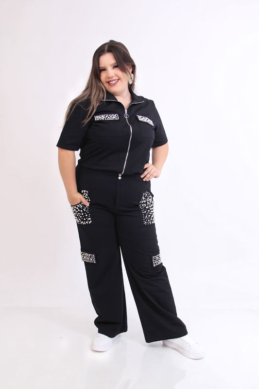 CURVY SET DE PANTS Y SUDADERA MANGA CORTA CON PERLAS
