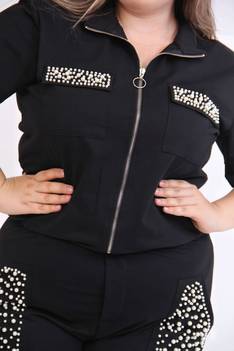 CURVY SET DE PANTS Y SUDADERA MANGA CORTA CON PERLAS