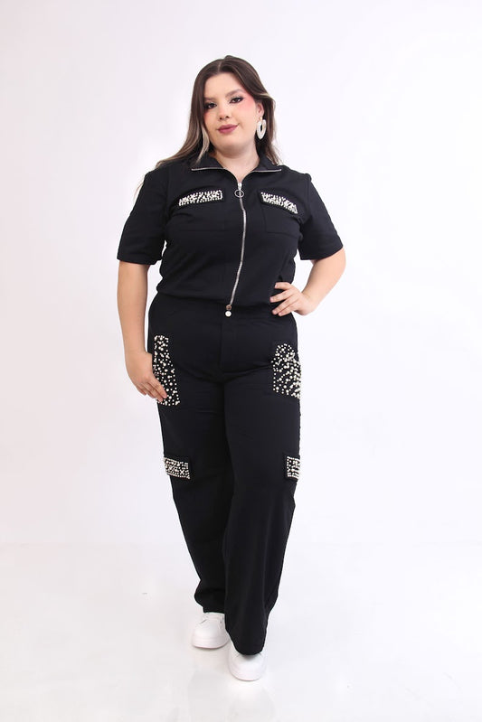 CURVY SET DE PANTS Y SUDADERA MANGA CORTA CON PERLAS