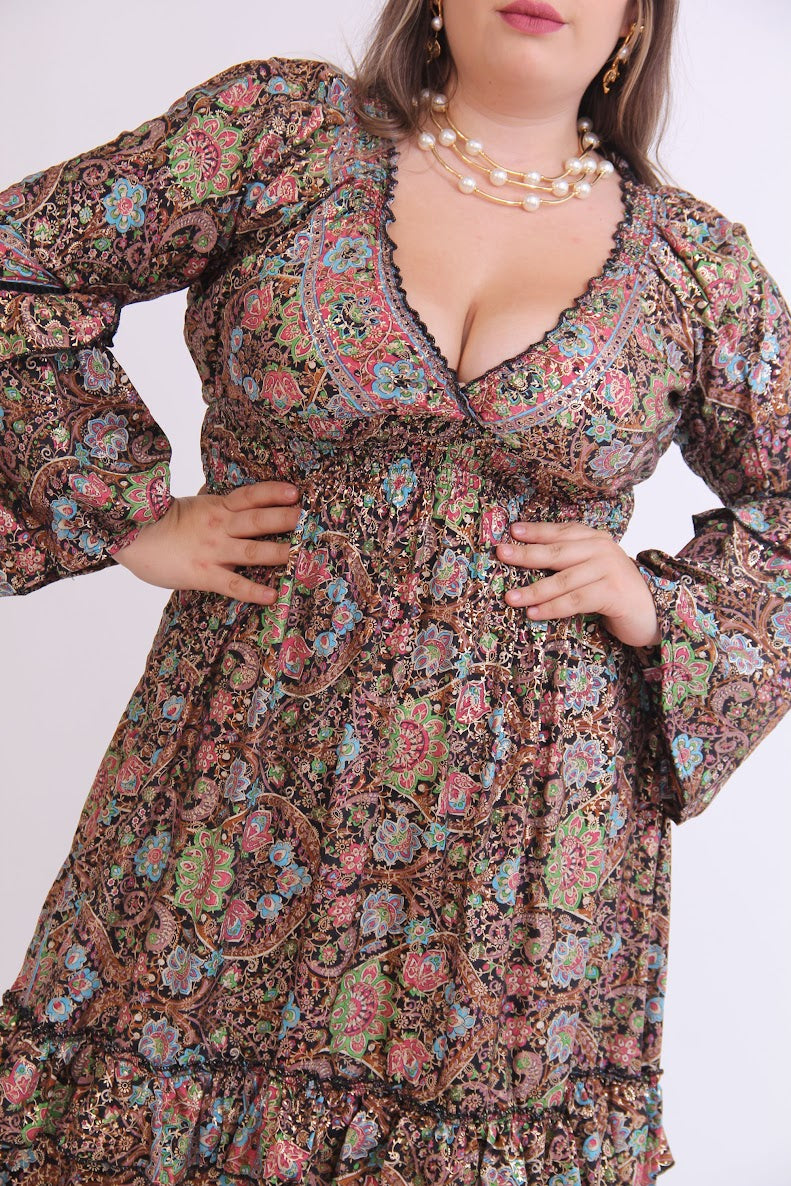VESTIDO LARGO MANGA LARGA RESORTE CINTURA