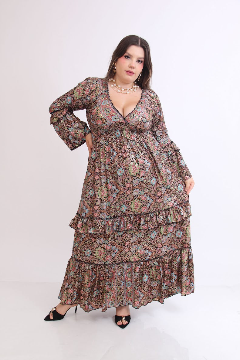VESTIDO LARGO MANGA LARGA RESORTE CINTURA