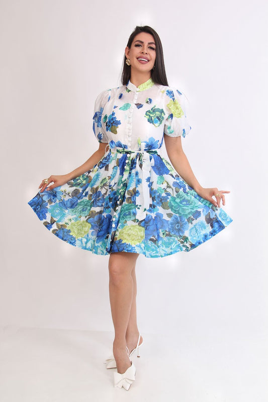 VESTIDO CORTO BOTONERO FLOREADO AZUL REY