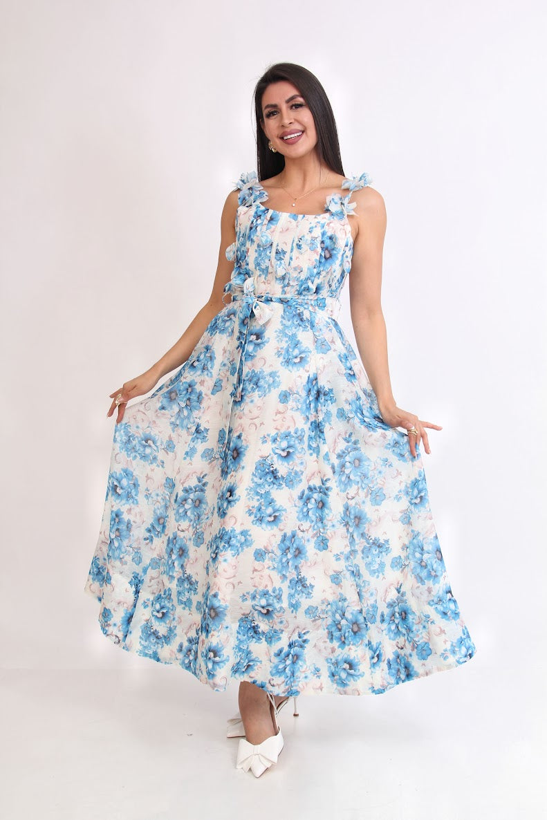 VESTIDO 3/4 FLOREADO AZUL TIRANTES PETALOS 3D