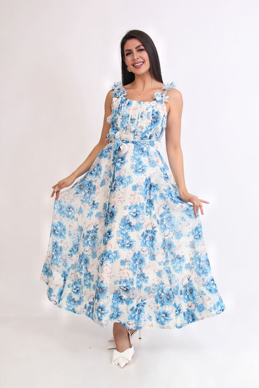 VESTIDO 3/4 FLOREADO AZUL TIRANTES PETALOS 3D