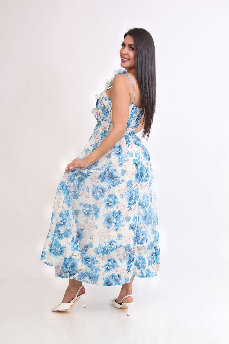 VESTIDO 3/4 FLOREADO AZUL TIRANTES PETALOS 3D
