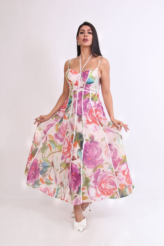 VESTIDO 3/4 FLOREADO TIRANTES EN V CUELLO