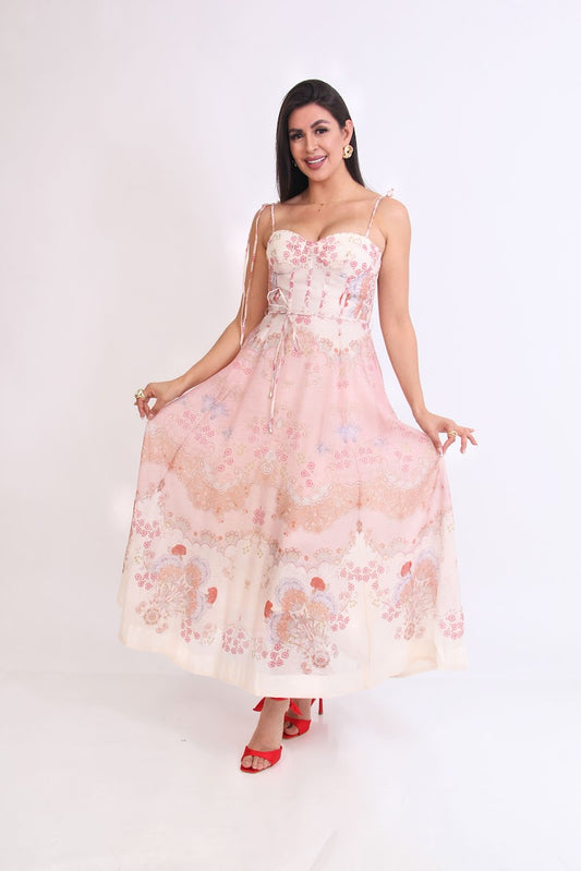 VESTIDO 3/4 ROMANTICO ESTAMPADO ROSA BEIGE TIRANTES PETALOS