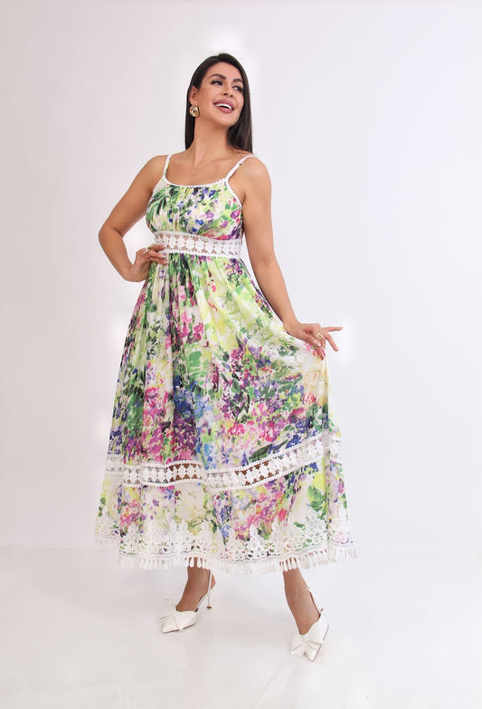 VESTIDO 3/4 FLOREADO VERDE ROSA ENCAJE CINTURA