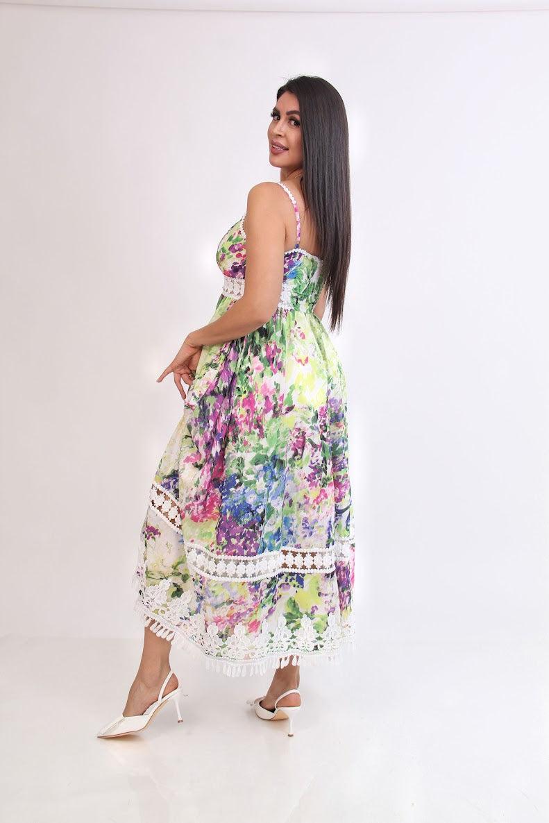 VESTIDO 3/4 FLOREADO VERDE ROSA ENCAJE CINTURA