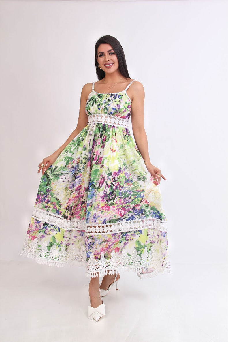 VESTIDO 3/4 FLOREADO VERDE ROSA ENCAJE CINTURA
