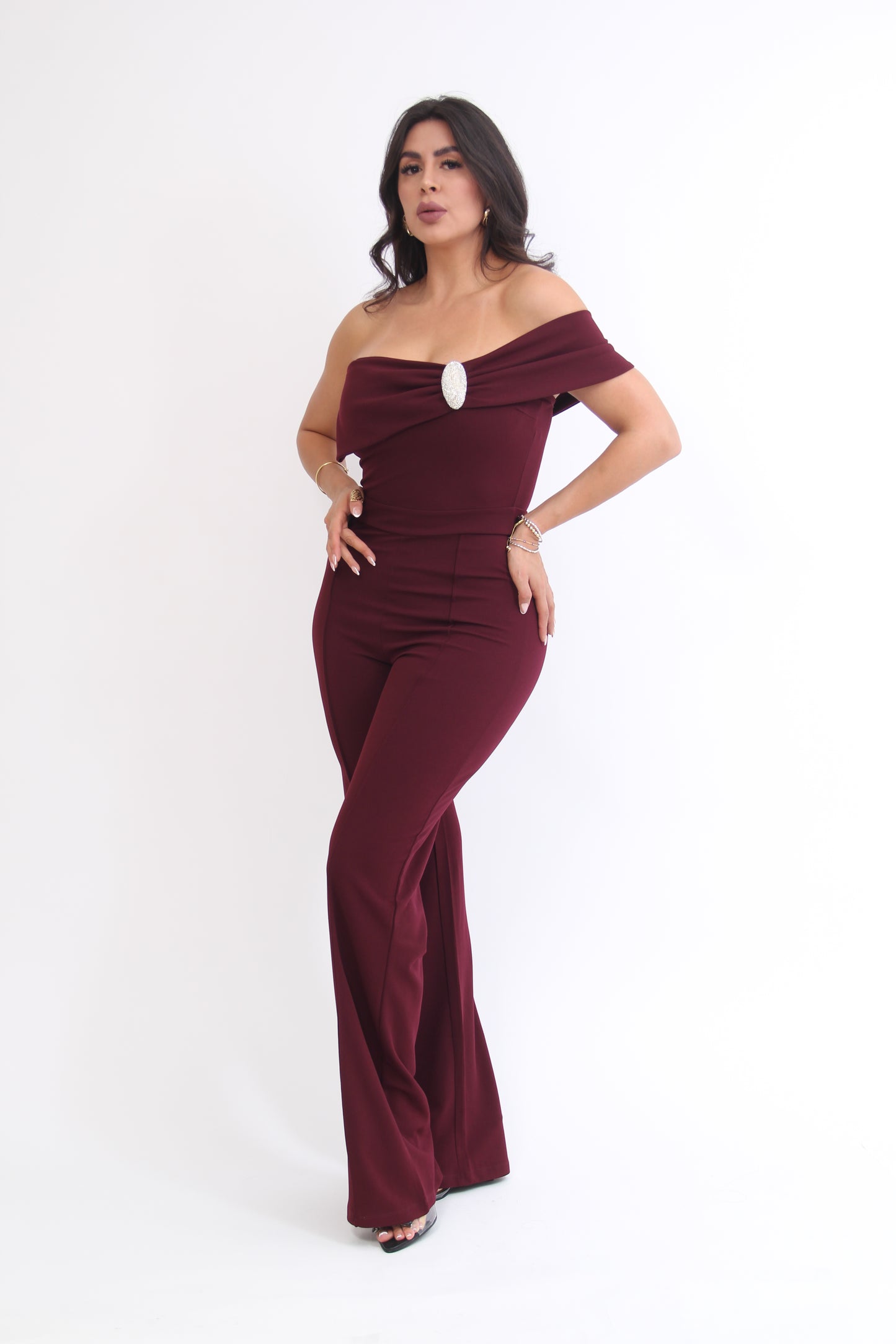PALAZZO STRAPPLE DE UN OFFSHOULDER BOTON DE BRILLON HOMBRO