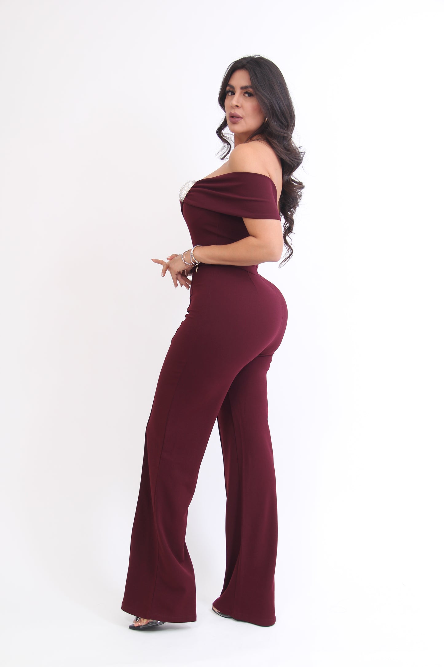 PALAZZO STRAPPLE DE UN OFFSHOULDER BOTON DE BRILLON HOMBRO
