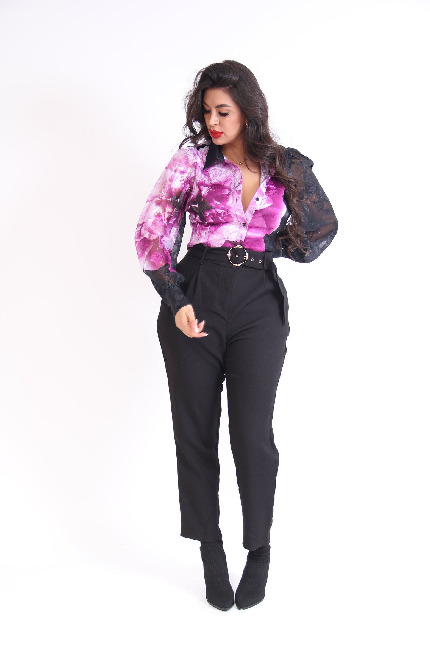 SET BLUSA SATIN FLORES PANTALON CINTURON