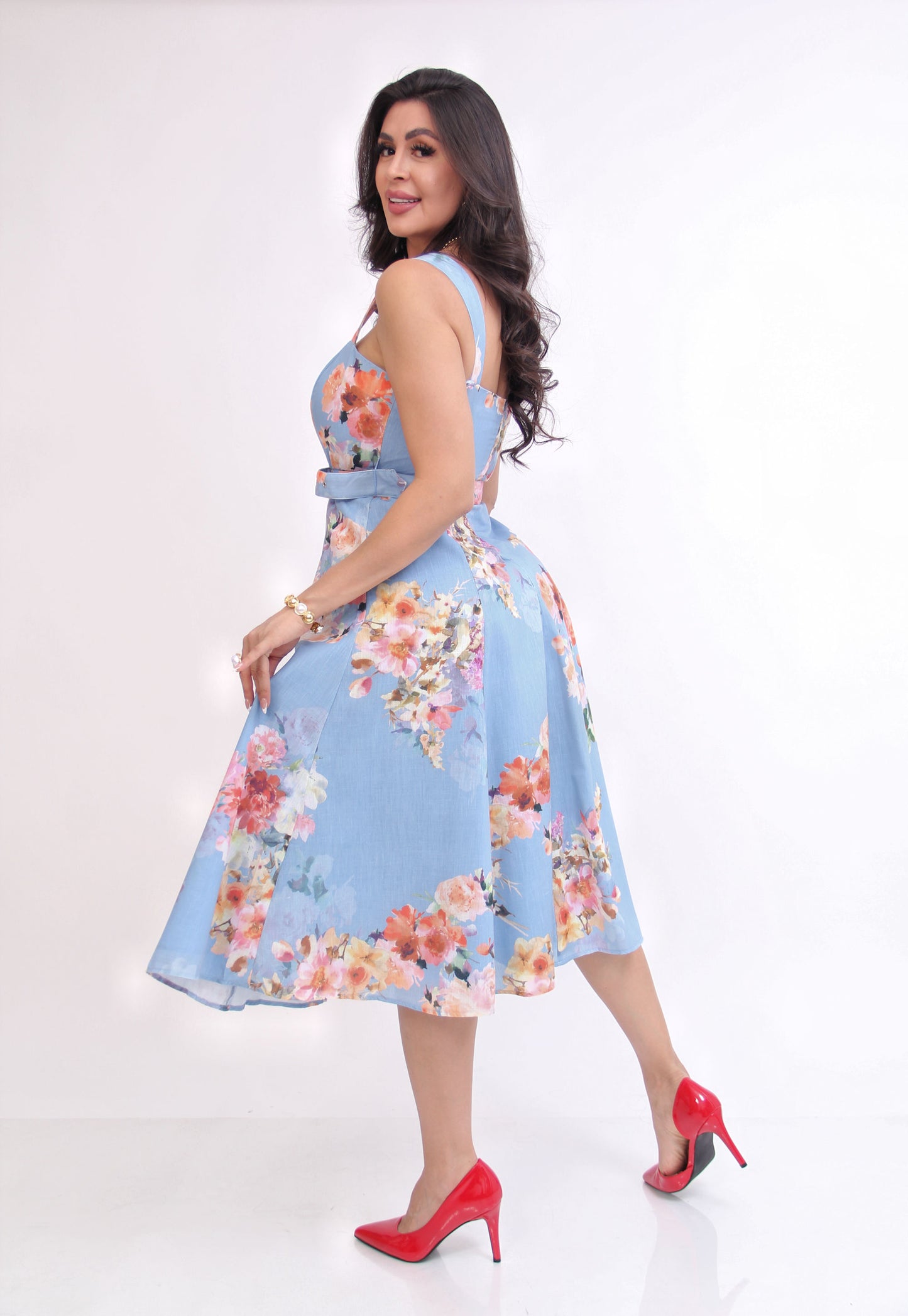 VESTIDO MIDI AZUL ESTAMPADO FLOREADO CINTURON