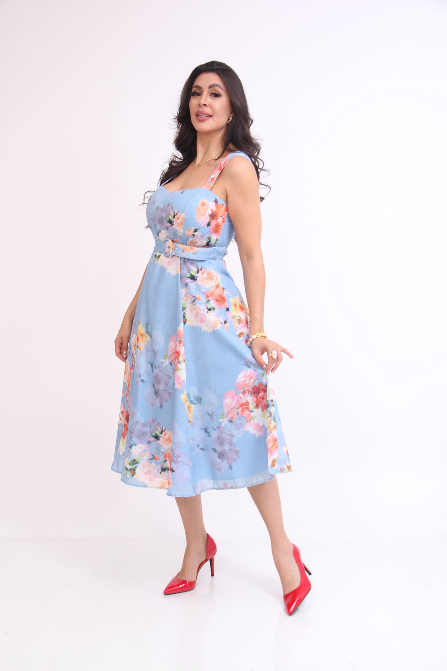 VESTIDO MIDI AZUL ESTAMPADO FLOREADO CINTURON