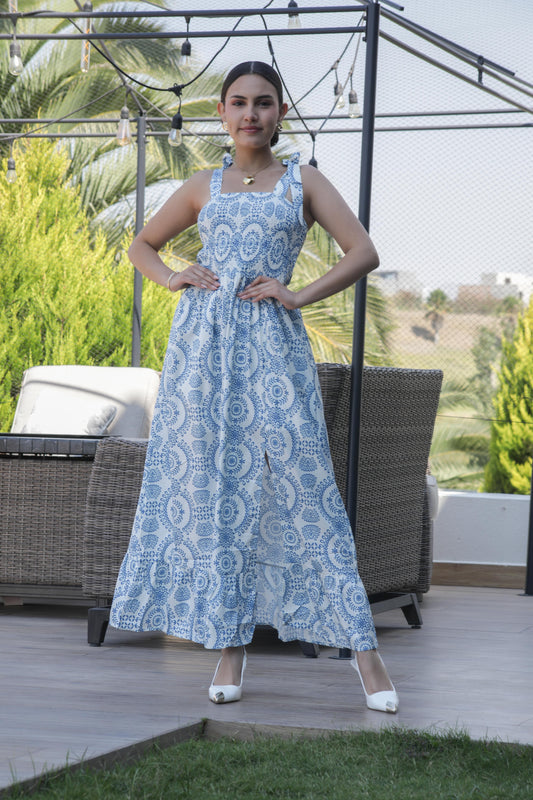 VESTIDO TIRANTES 3 CUARTOS ESTAMPADO AZUL RESORTE