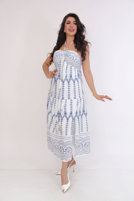 VESTIDO MIDI BLANCO ESTAMPADO AZUL STRAPPLE RESORTE ABERTURA PIERNA