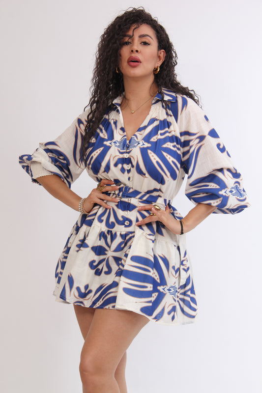 VESTIDO CORTO AMPON ESTAMPADO CINTURON