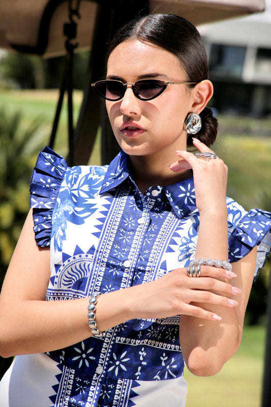 MAXI VESTIDO AZUL BOTONERO CENEFA AZUL