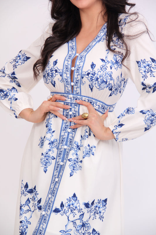 VESTIDO MIDI BEIGE ESTAMPADO AZUL MANGA LARGA BOTONERO