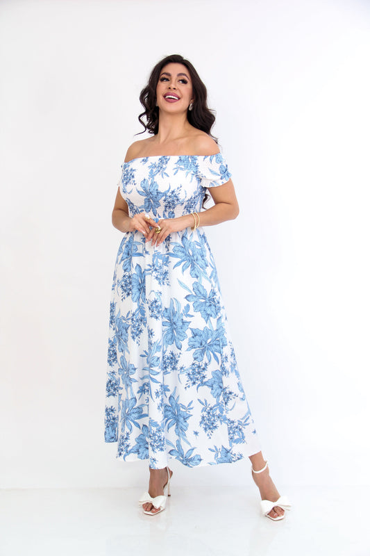 VESTIDO MIDI BLANCO FLOREADO RESORTE PECHO