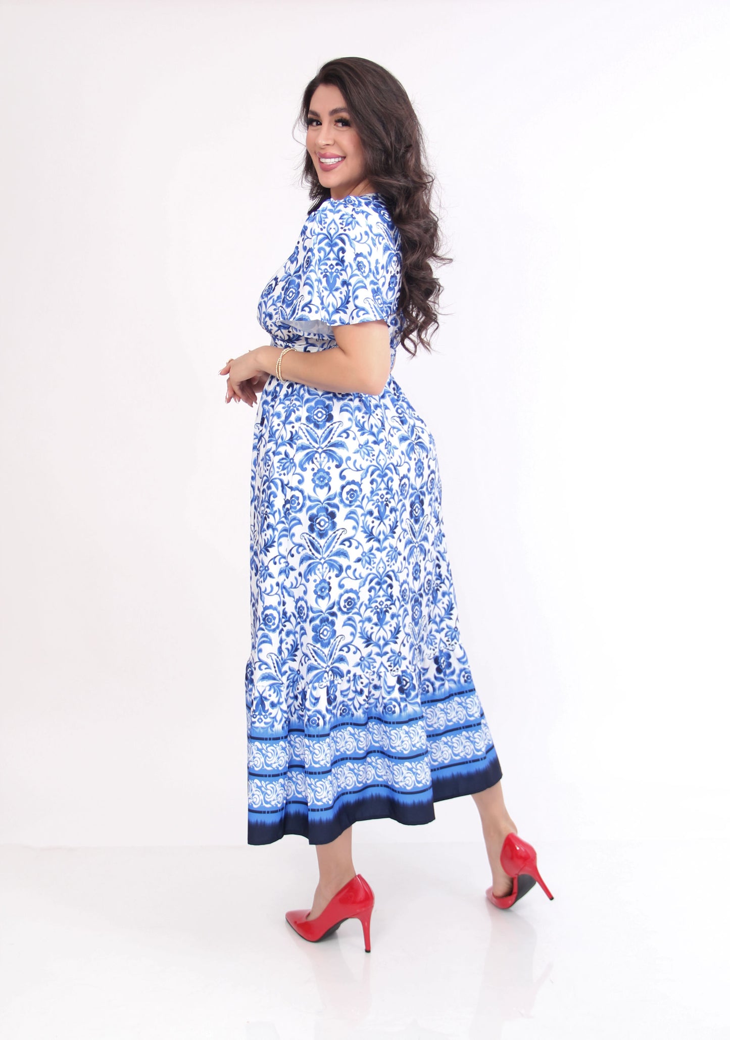 VESTIDO AZUL ESTAMPADO MIDI RESORTE CINTURA MANGA CORTA HOLGADA