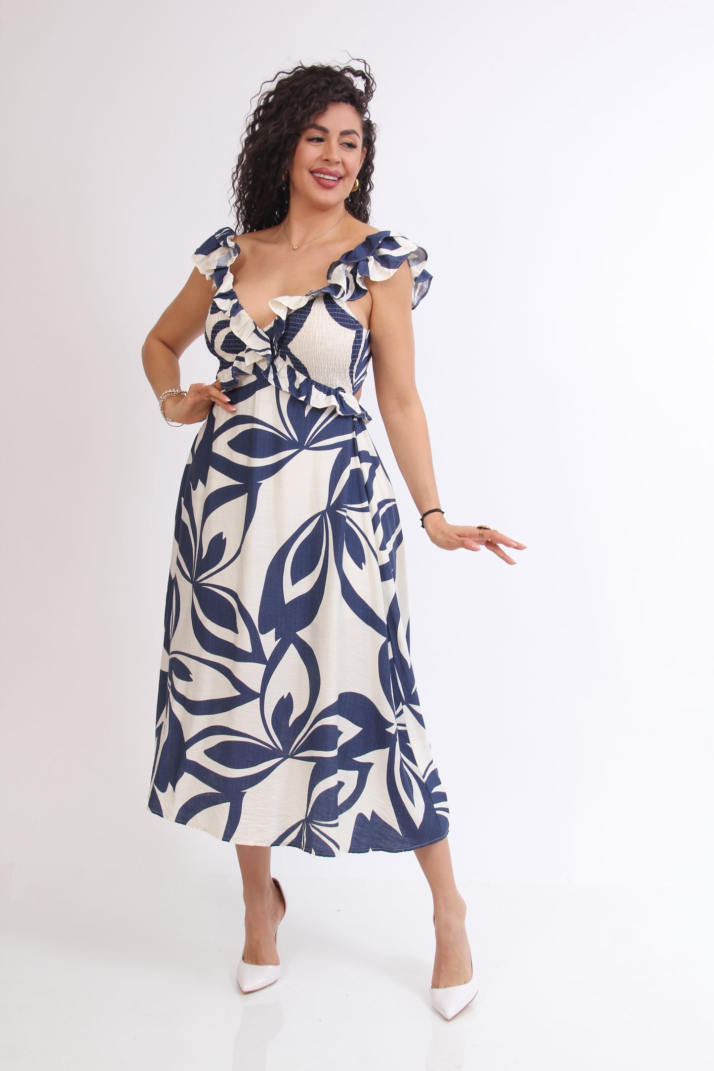 VESTIDO 3/4 ESTAMPADO PECHO OLAN CRUZADO