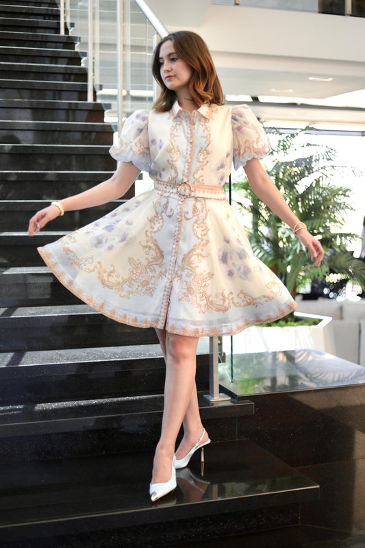 VESTIDO CORTO FLOREADO MANGA AMPONA CINTURON