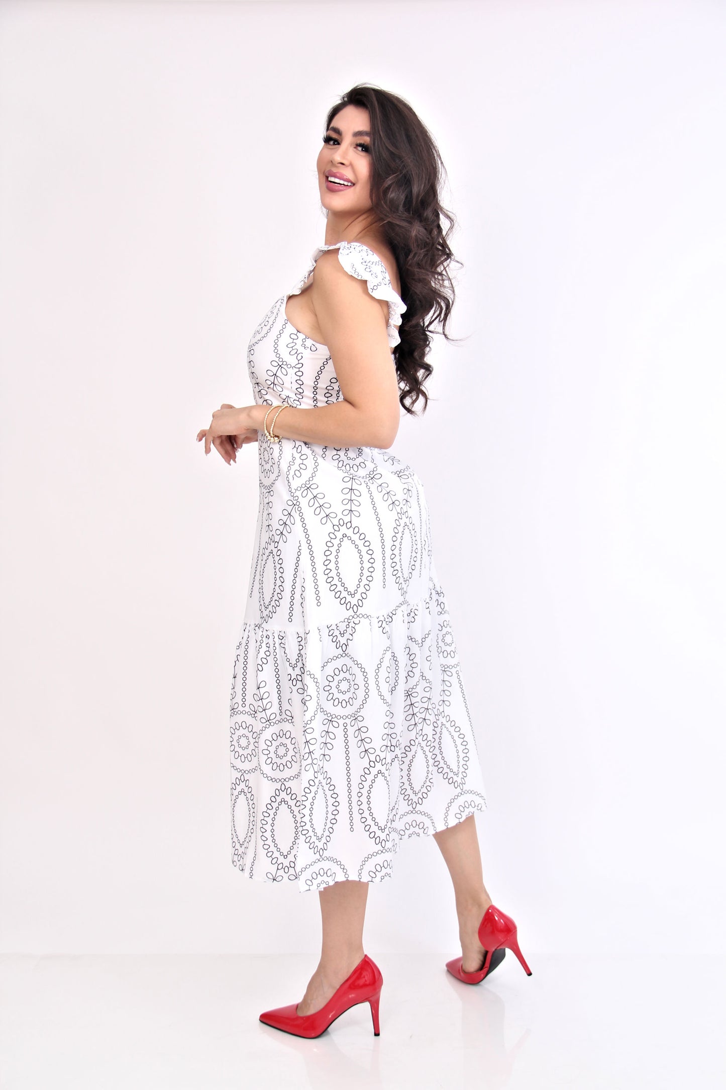 VESTIDO MIDI BLANCO ESTAMPADO NEGRO MANGA OLAN