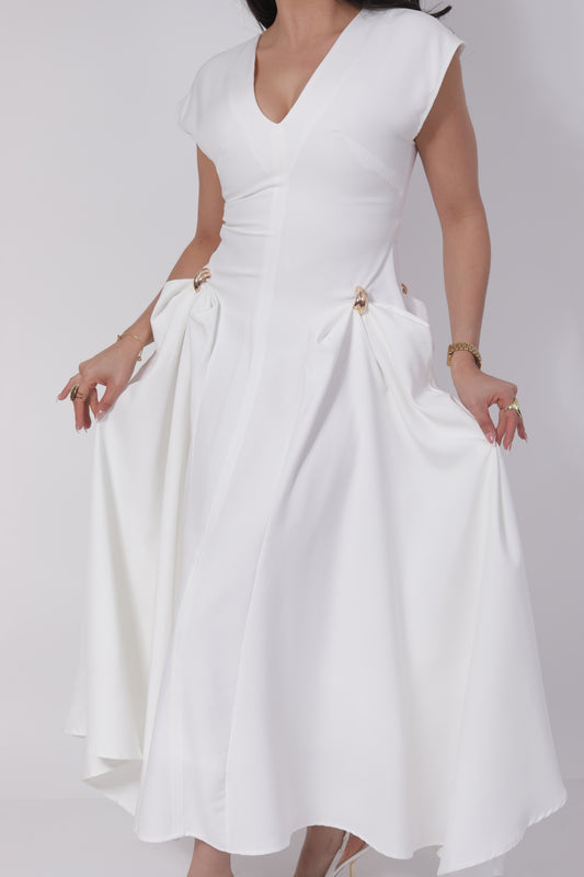 VESTIDO BLANCO CUELLO V AMPON 3/4