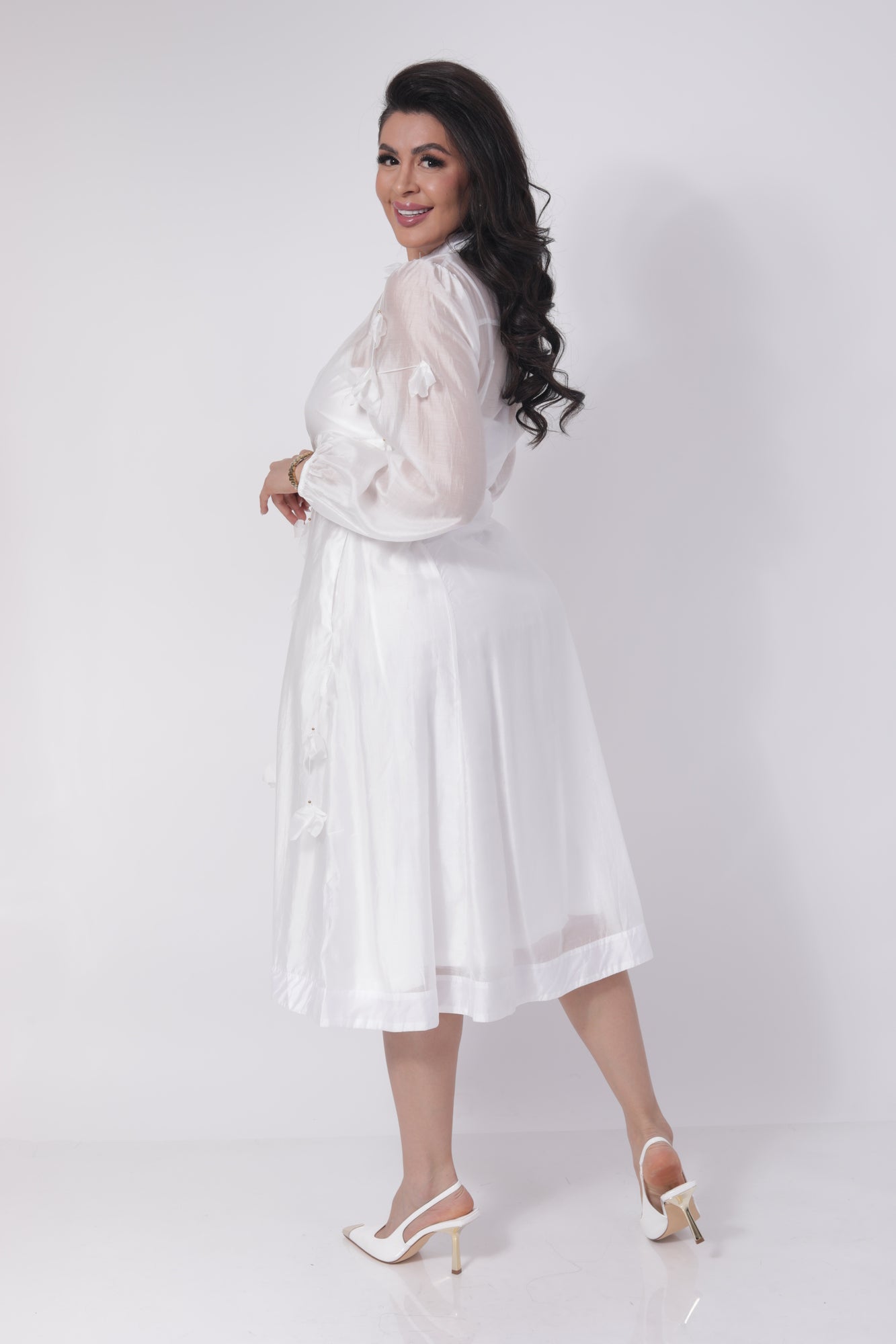 VESTIDO MANGA LARGA BOTONERO CIRCULAR APLICACION HOJAS