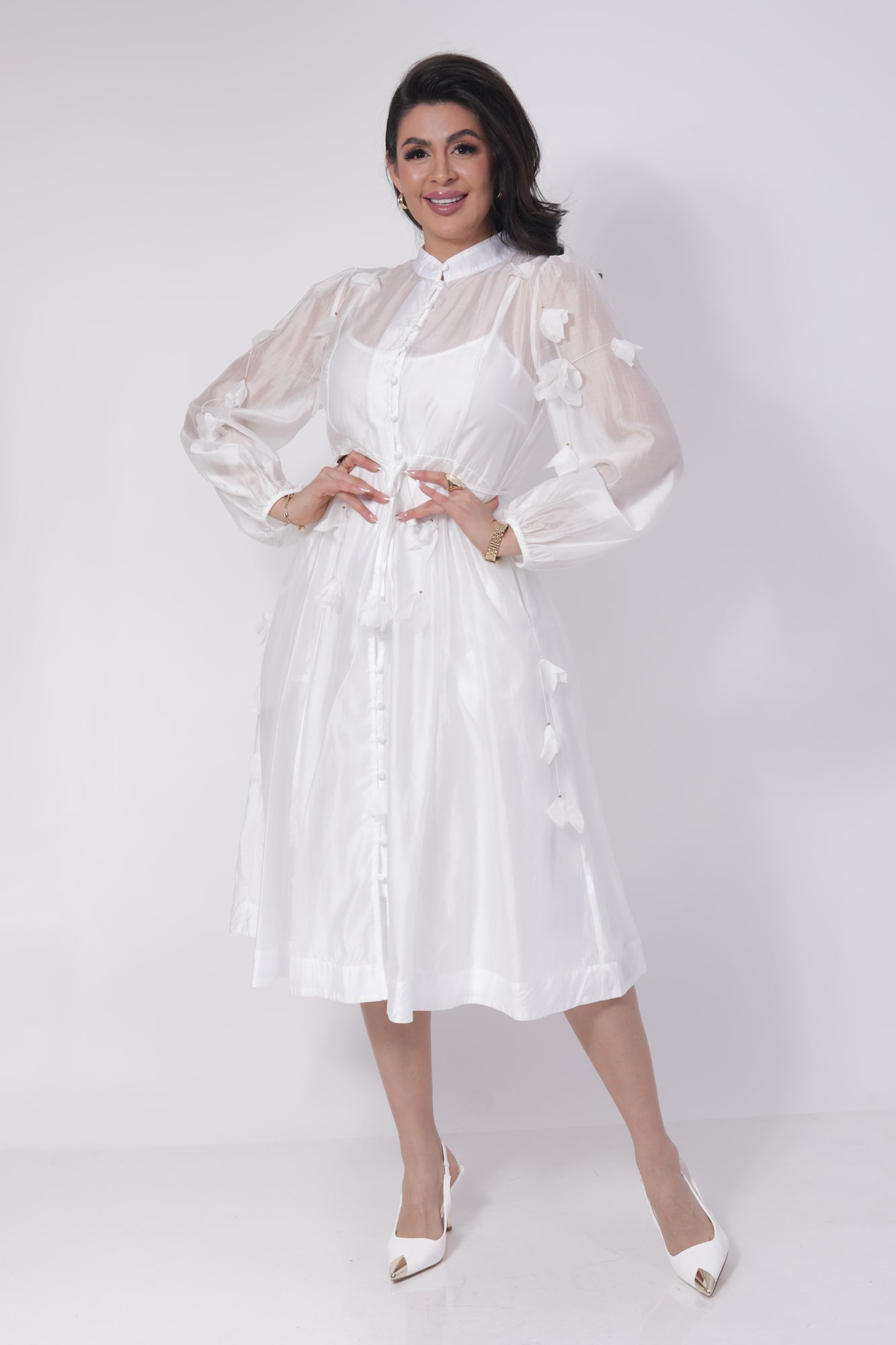 VESTIDO MANGA LARGA BOTONERO CIRCULAR APLICACION HOJAS