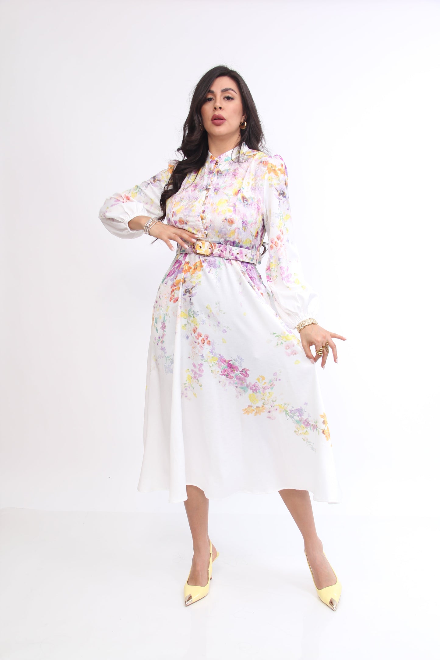 VESTIDO 3/4 MANGA LARGA FLOREADO BOTONES