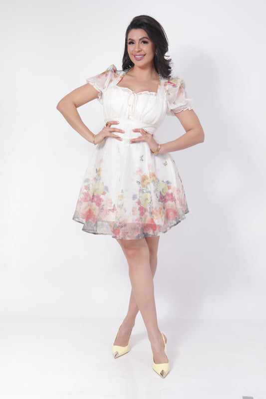 VESTIDO CIRCULAR CORTO BEIGE ESTAMPADO FLOREADO