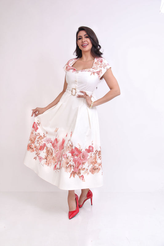 VESTIDO ESCOTE CUADRADO BOTONES DORADOS Y CINTURON