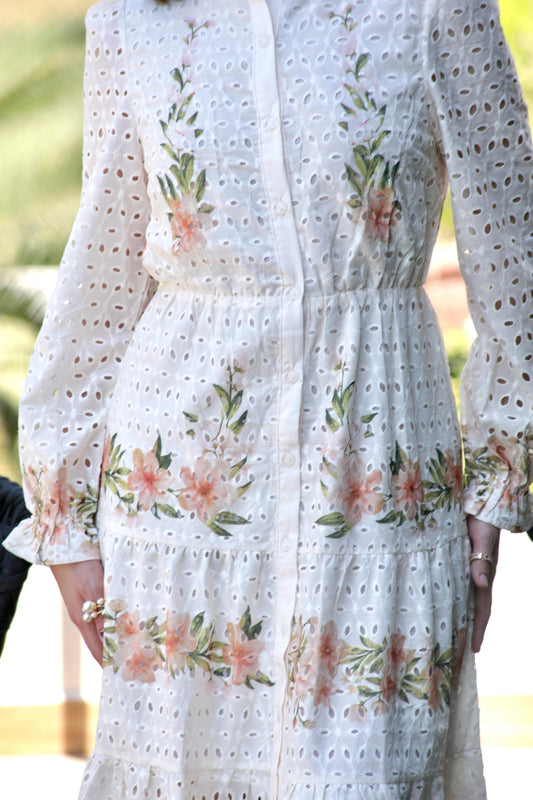 VESTIDO LARGO BOTONERO MANGA LARGA FLORAL